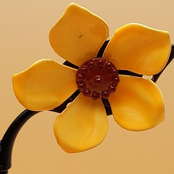 Vintage Clip On Earrings Orange Enamel Flower Brown Center - Picture 8 of 10